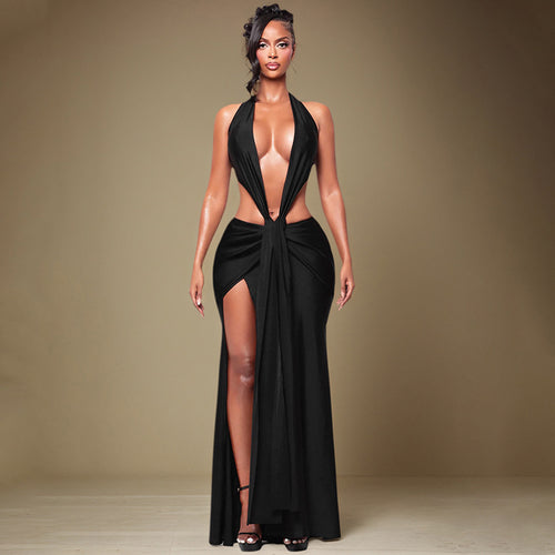 Red Halter Backless Ribbon Maxi Dress