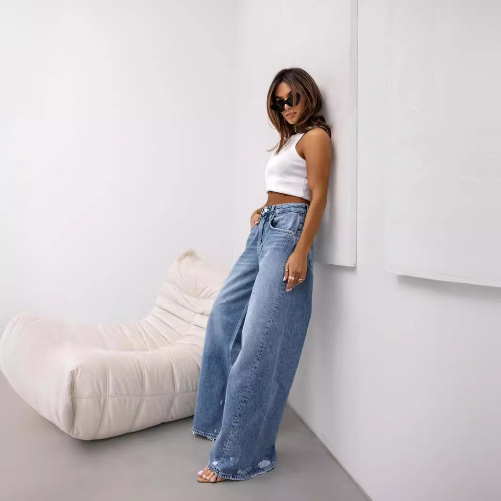 Retro Straight Ripped Wide Leg Jeans