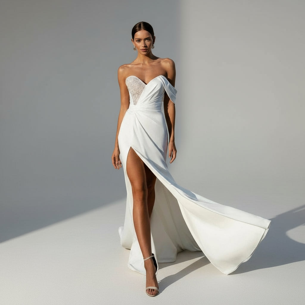 Slit Side Sequined Off Shoulder Bridal Gowns