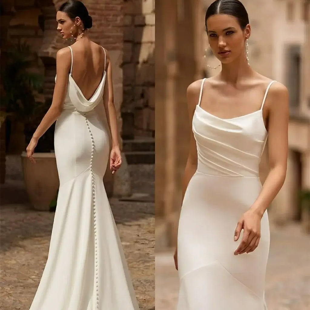 Long Spaghetti Crepe Wedding Dresses