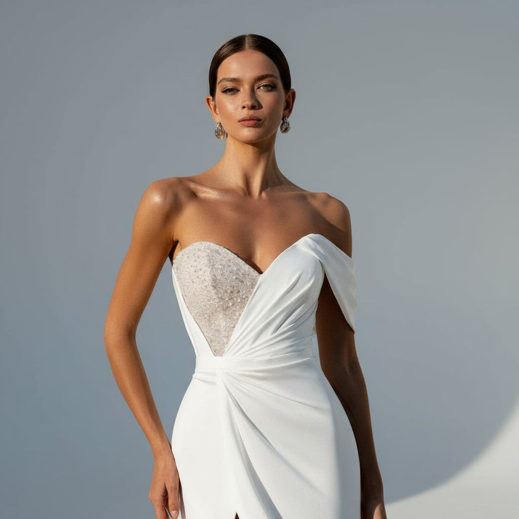 Slit Side Sequined Off Shoulder Bridal Gowns