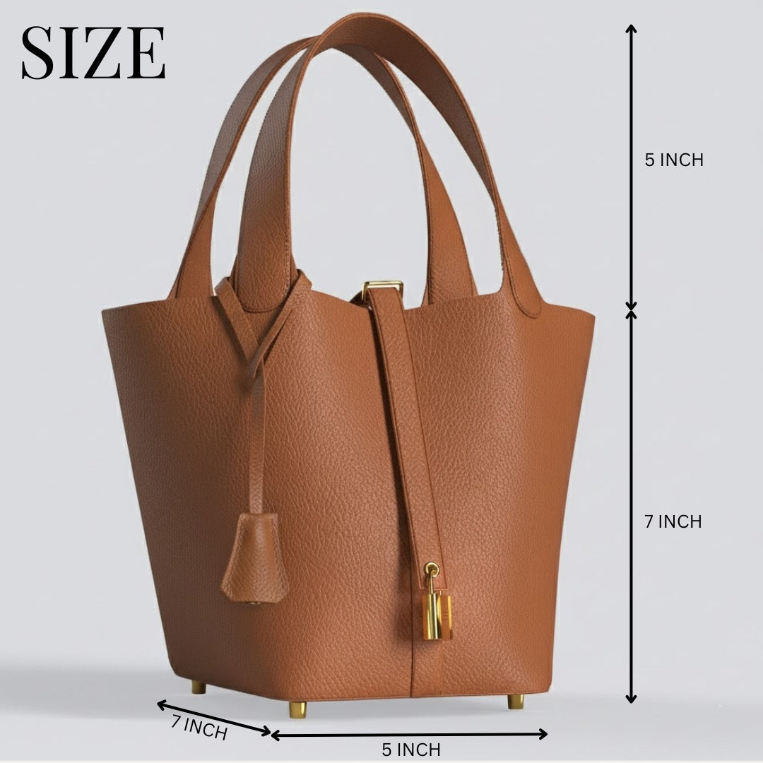 Classic Leather Bucket Bag with Mini Lock & Drawstring Pouch