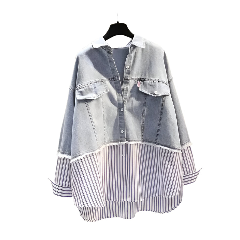 Blue Striped Denim Patchwork Polo Top