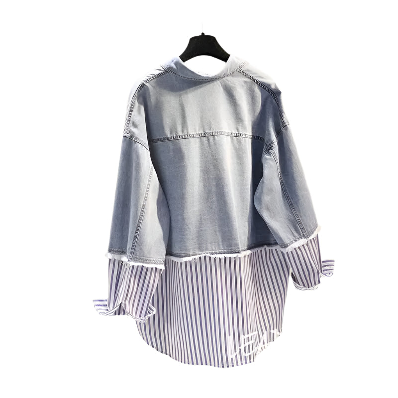 Blue Striped Denim Patchwork Polo Top