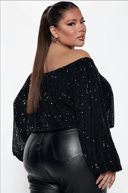 Curve Boat Collar Sequined Lantern Sleeve Top