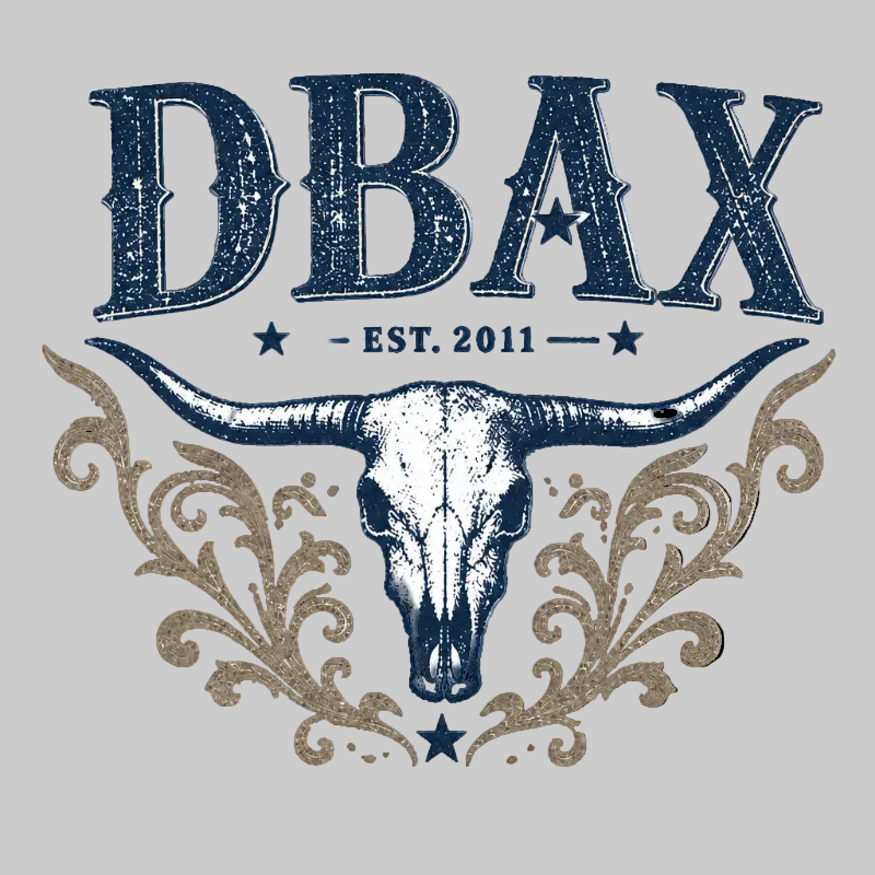 DBAX logo with a longhorn skull and decorative elements on a white background