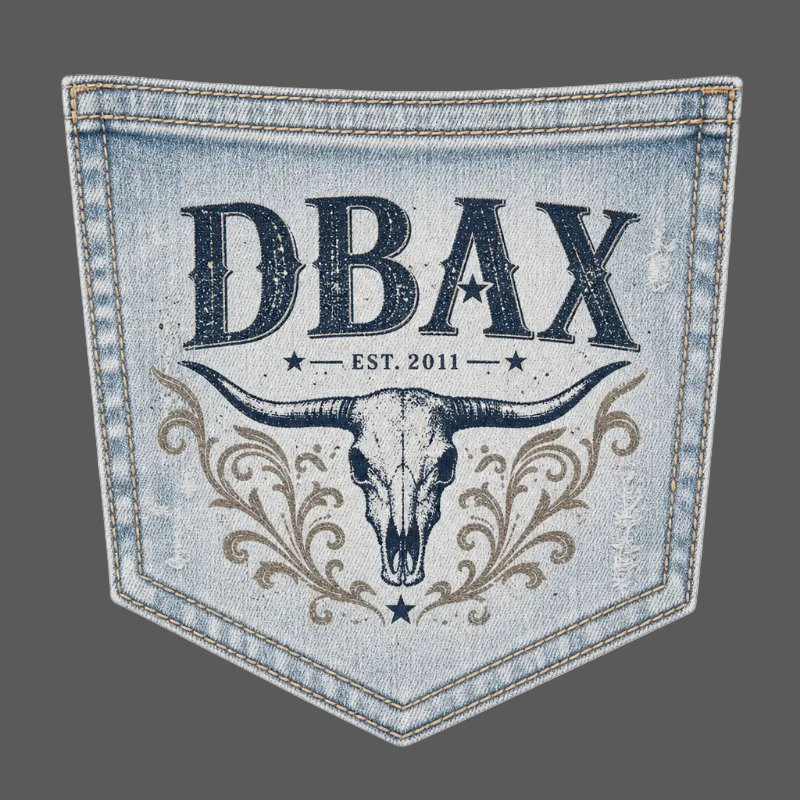 Denim patch with 'DBAX' branding and longhorn skull design on a white background
