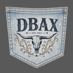 Denim patch with 'DBAX' branding and longhorn skull design on a white background
