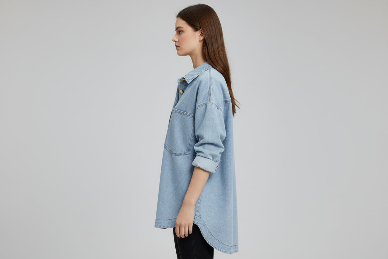 Light blue denim shirt on a hanger against a gray background
