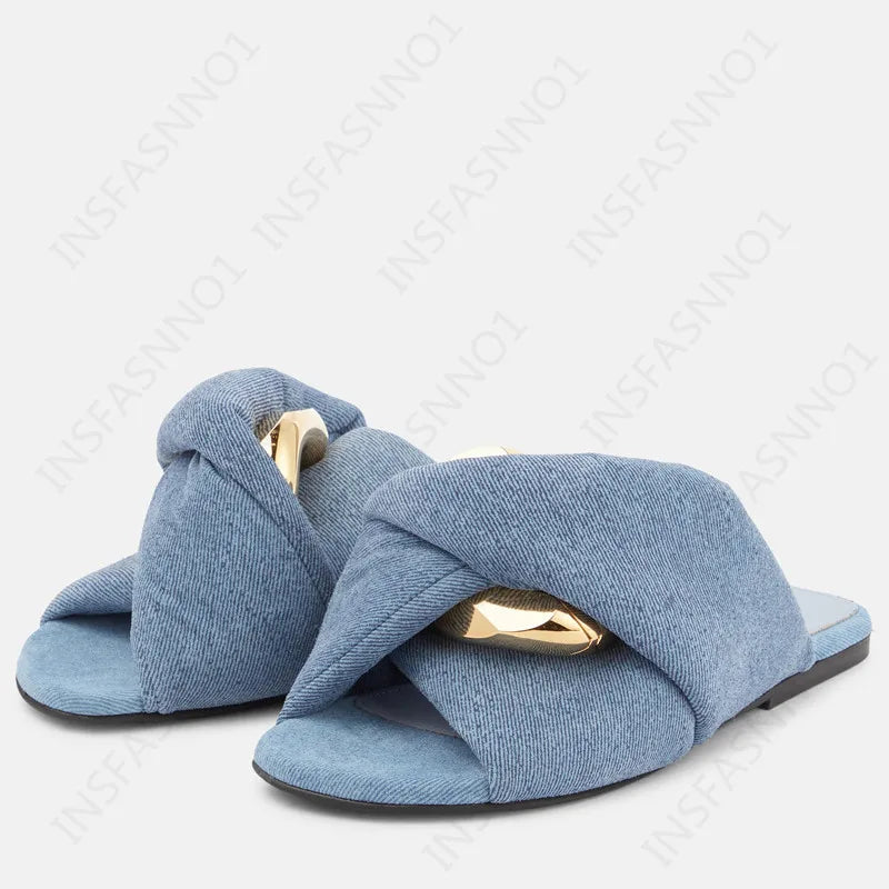 Chain Flat Denim Slippers