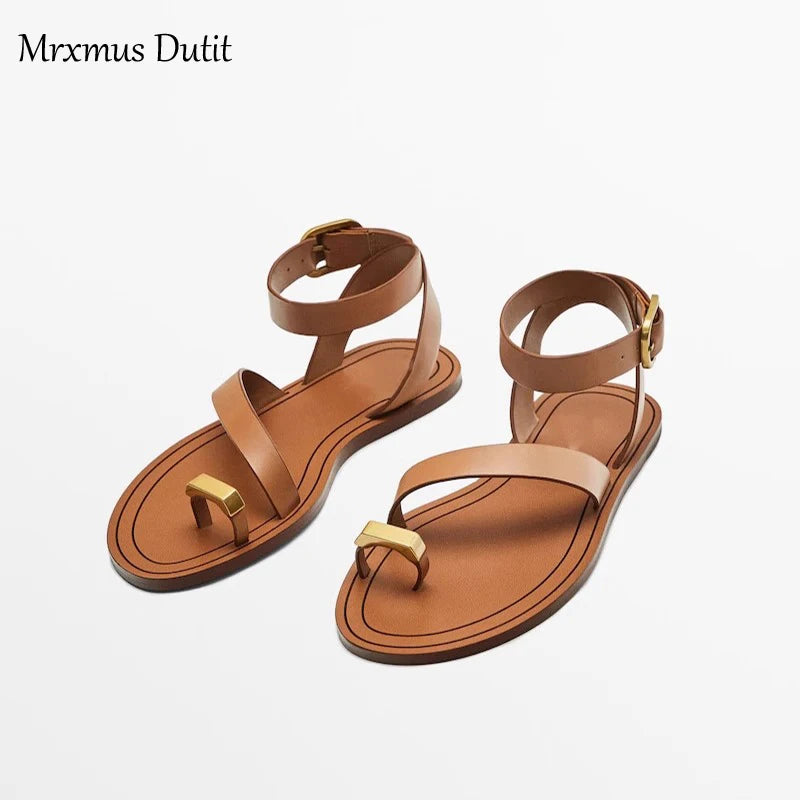 Mrxmus Dutit2023 Summer Fashion New Women Genuine Leather Flat Clip Toes Sandals Versatile Simple Casual Beach Shoes Female Chic