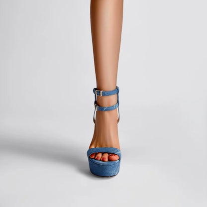 Elegant Buckle Denim Heels