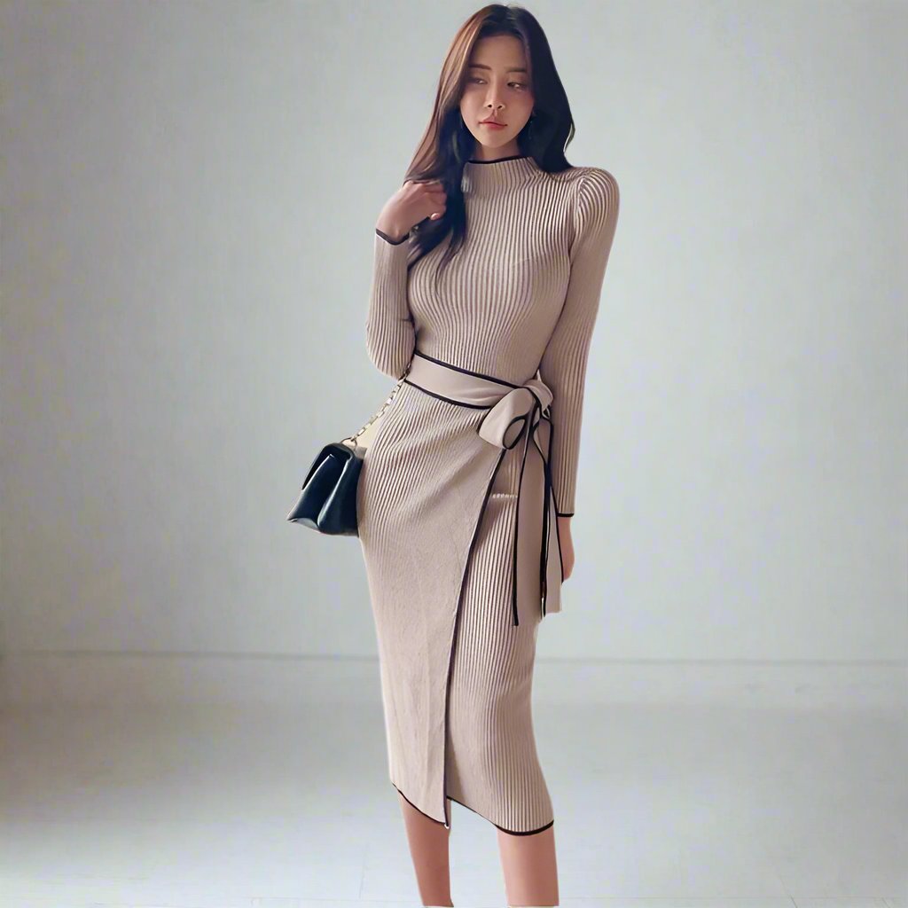 Temperament Slim Mid-length Trimming Sweater Dress