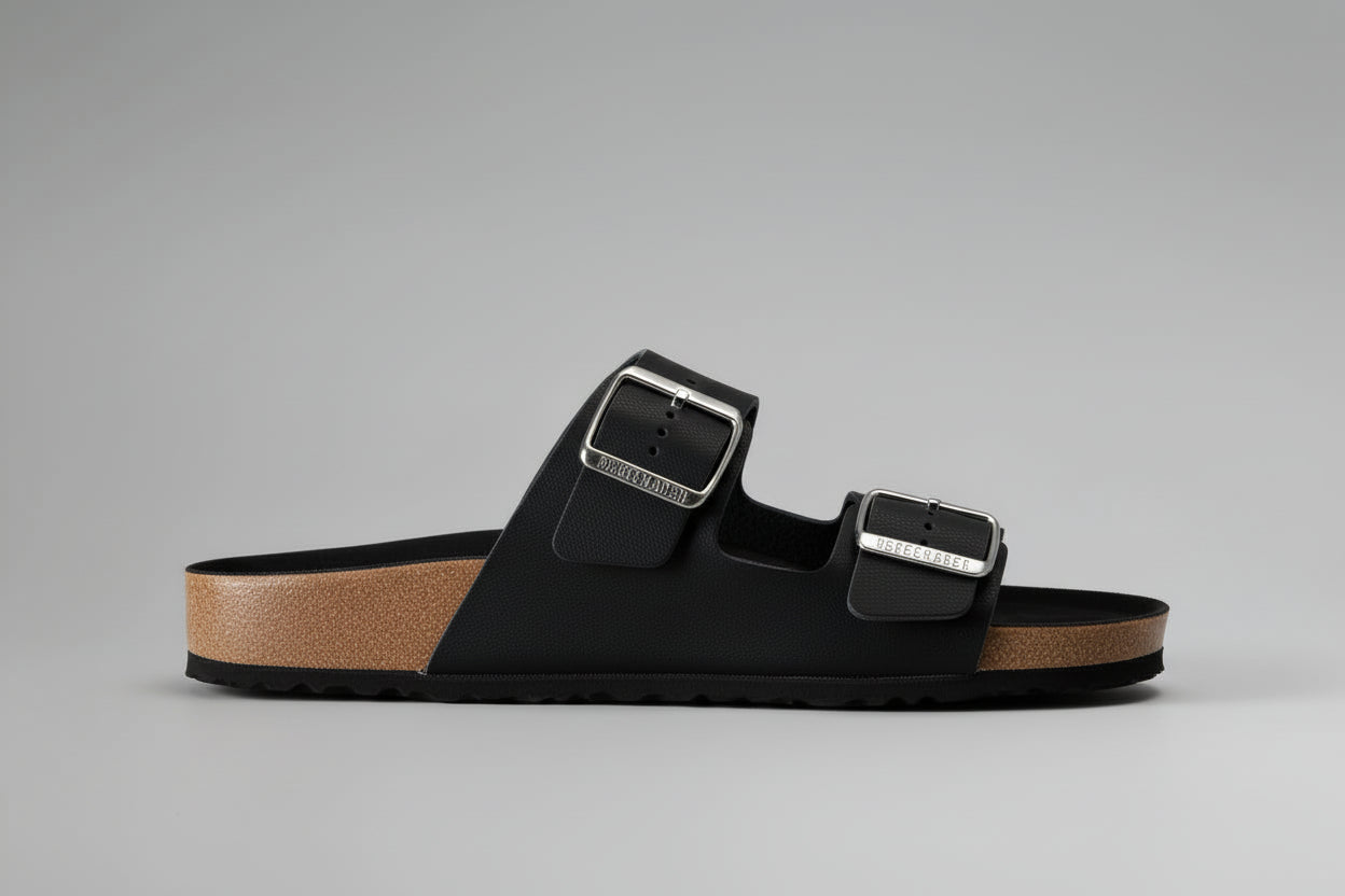 Black sandal with cork insole on a gray background