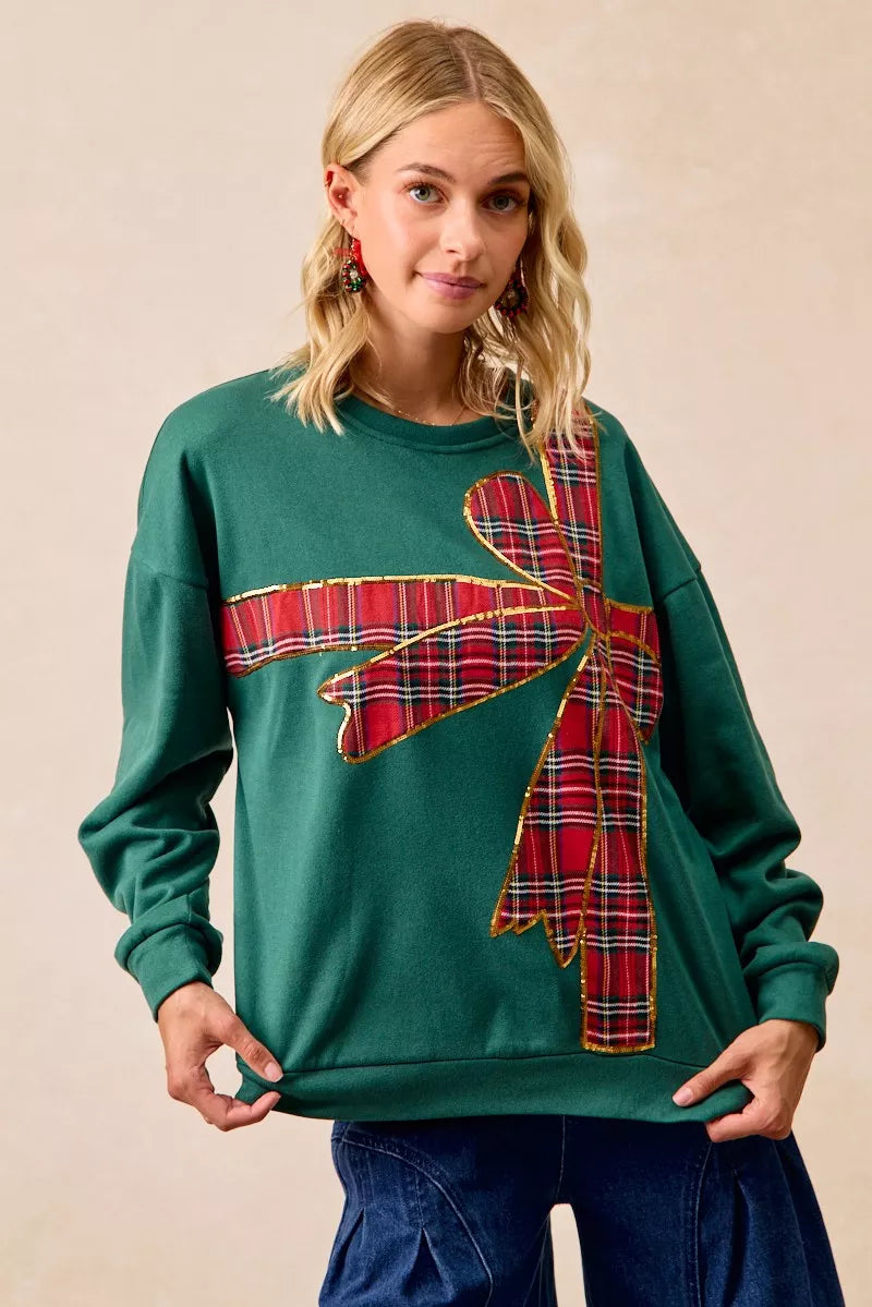 BiBi Plaid Ribbon Bow Detail Christmas Fleece Pullover