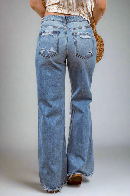 Light Blue Ripped Casual Wide Leg Jeans