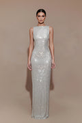 Silver sequin gown on a plain background