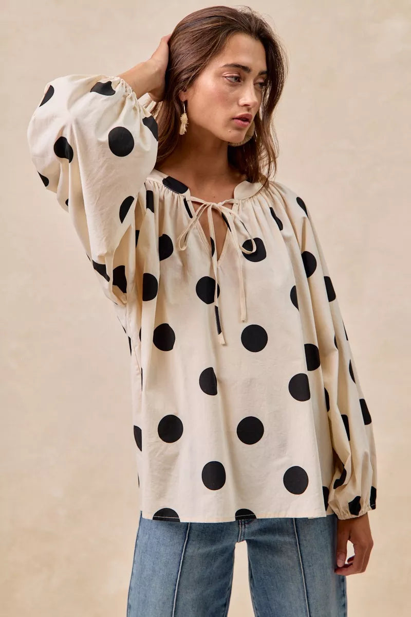 BiBi Polka Dot Exaggerated Balloon Sleeves Blouse