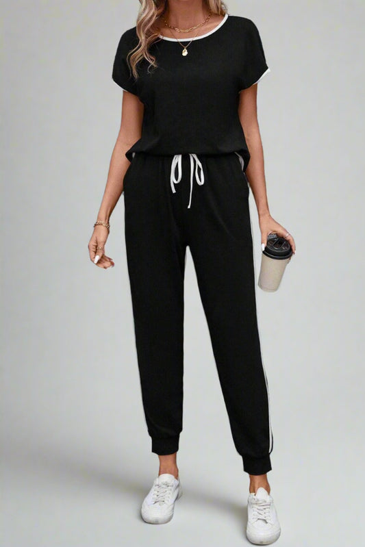 Contrast Trim Round Neck Top and Pants Set