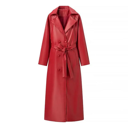 Curve Red Double Breasted Leather Trench Coat