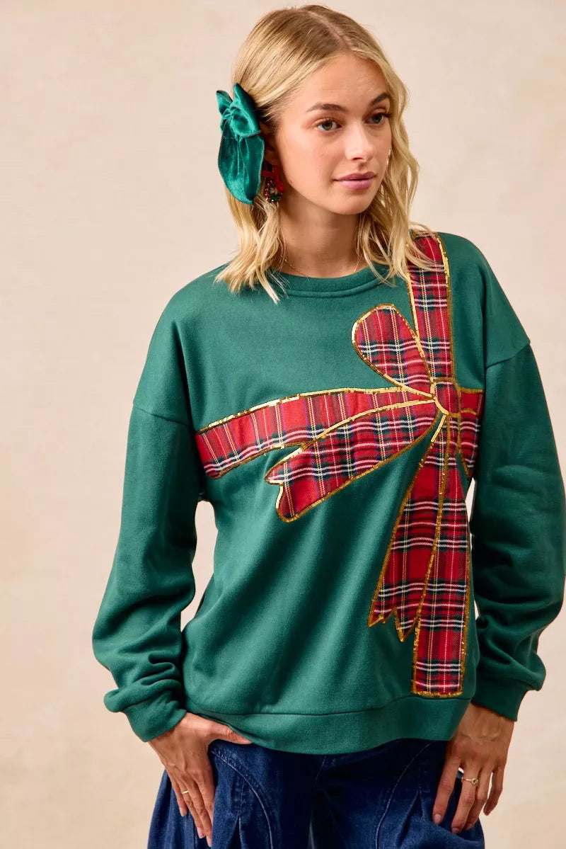 BiBi Plaid Ribbon Bow Detail Christmas Fleece Pullover