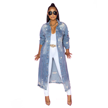 Blue Washed Loose Denim Trench Coat