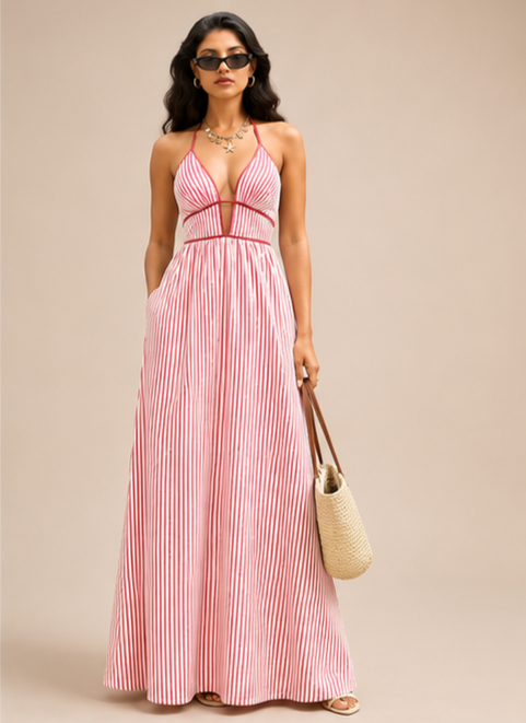 V neck Striped Vacation Maxi Dress