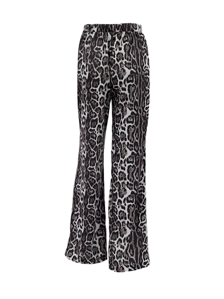 Leopard print pants on a mannequin against a white background