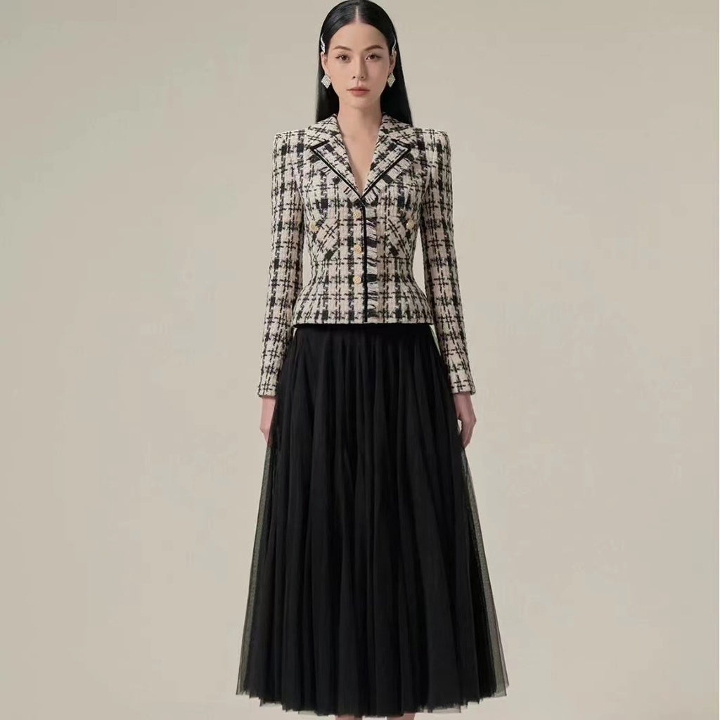 Retro Houndstooth Woolen Coat & Black Mesh Skirt Set