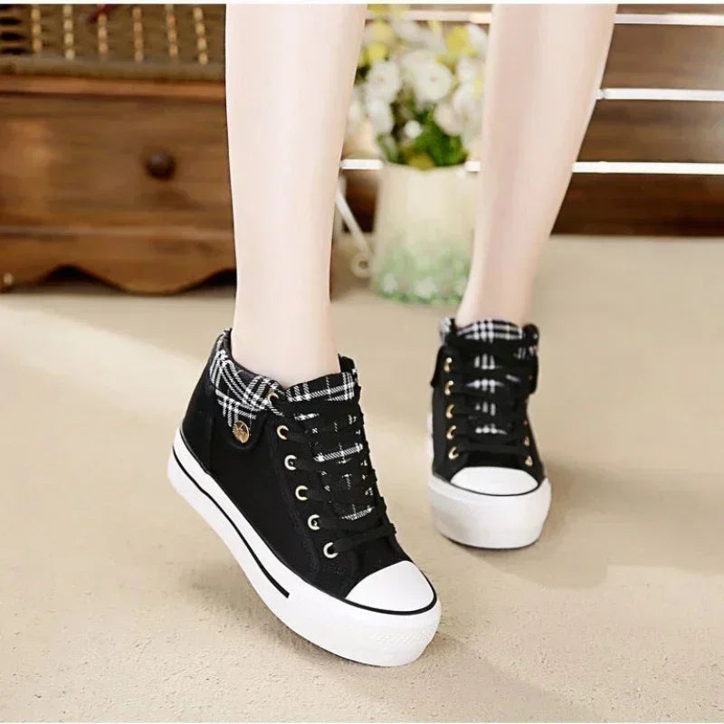 Women's Casual Shoes Flats Ladies Thick Sole Wedge Canvas Shoes Fashion Cowboy Shoes Women Sneakers Lace Up Zapatillas De Mujer