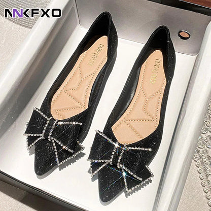 Women pointed toe glitter ballet flats Sequins bowknot moccasins ladies designer crystal flat shoes comfy loafers vc5275