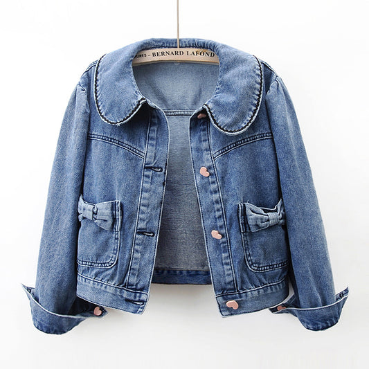 Doll Collar Bow Long Sleeve Denim Coat