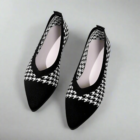 Elegant Houndstooth Knitted Ballet Flats