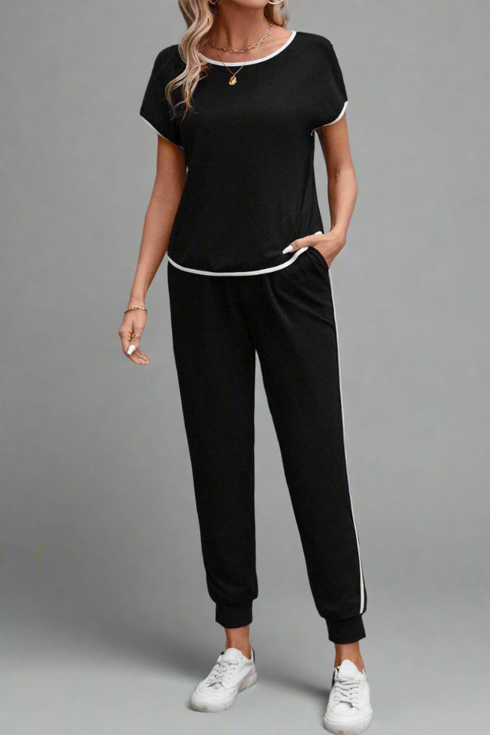 Contrast Trim Round Neck Top and Pants Set