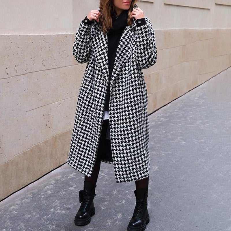 British Style Long Houndstooth Coat