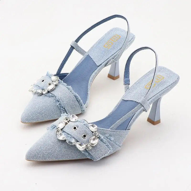 Dazzled Buckle Denim Heel Shoes