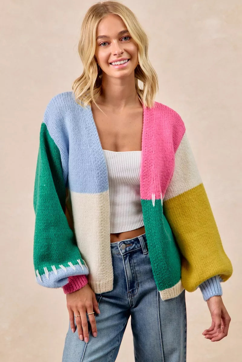 BiBi Color Block Open Front Sweater Cardigan