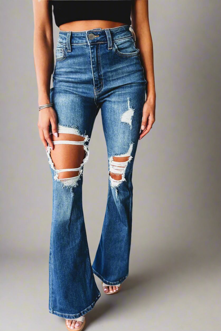 Blue Distressed Ripped Flare Leg Jeans