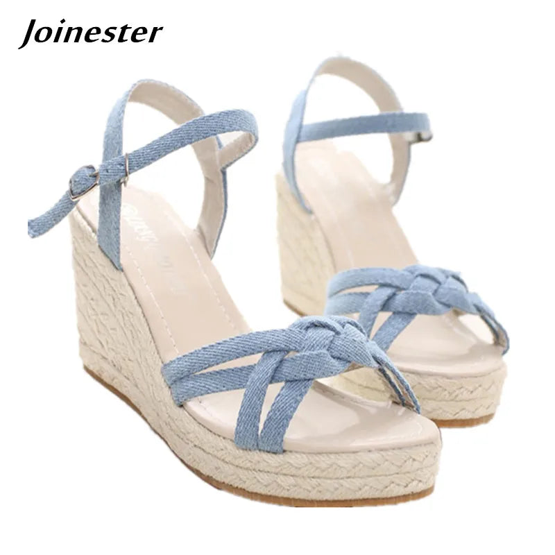 Open Toe Wedge Denim Sandals