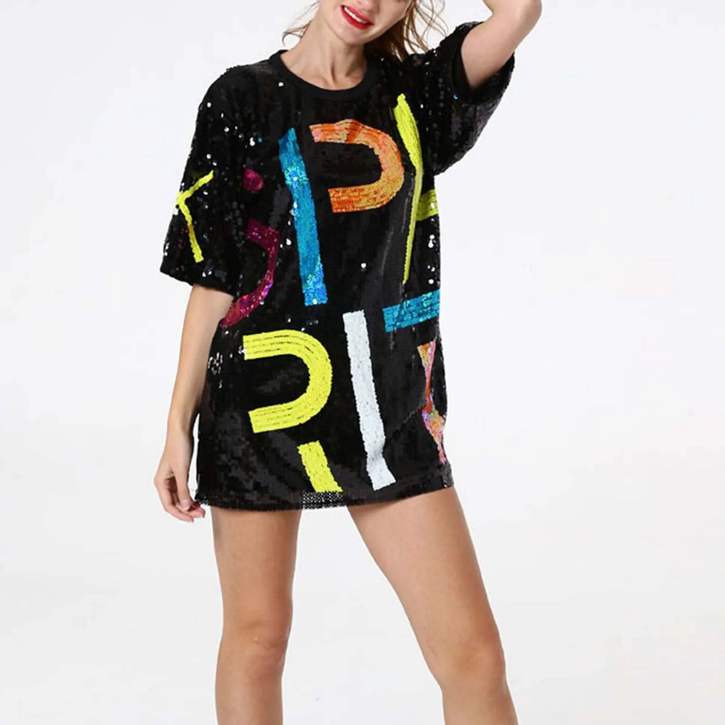 Graphic Sparkly Sequin T-Shirt Dress