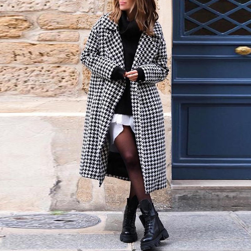 British Style Long Houndstooth Coat