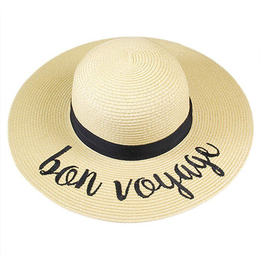 "Bon Voyage" Embroidery Straw Floppy Sun Hat