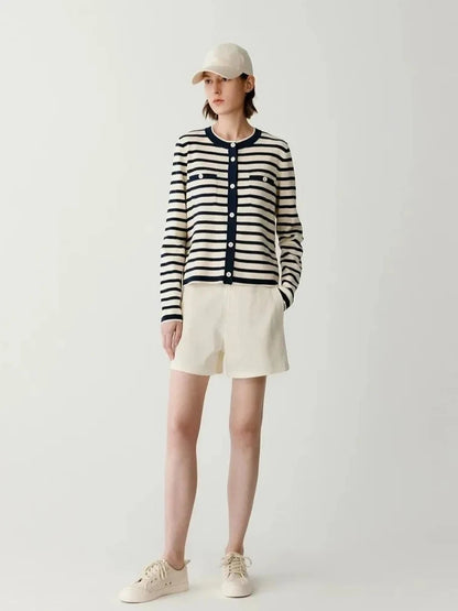 Striped cashmere crew-neck knit cardigan