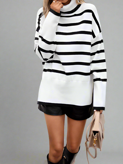 Striped Turtleneck Side-slit Sweater