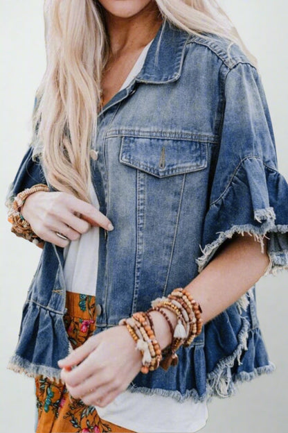 Ruffled Raw Hem Half Sleeve Denim Top