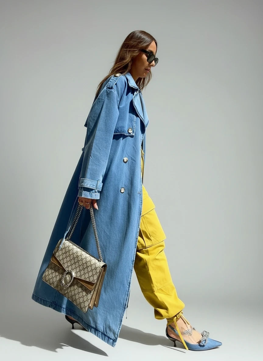 Long Blue Denim Trench Coat