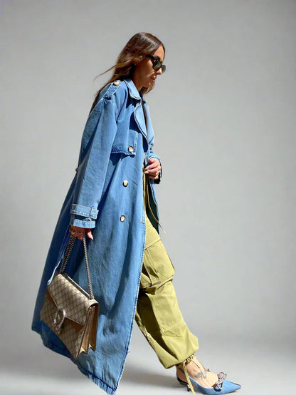 Long Blue Denim Trench Coat