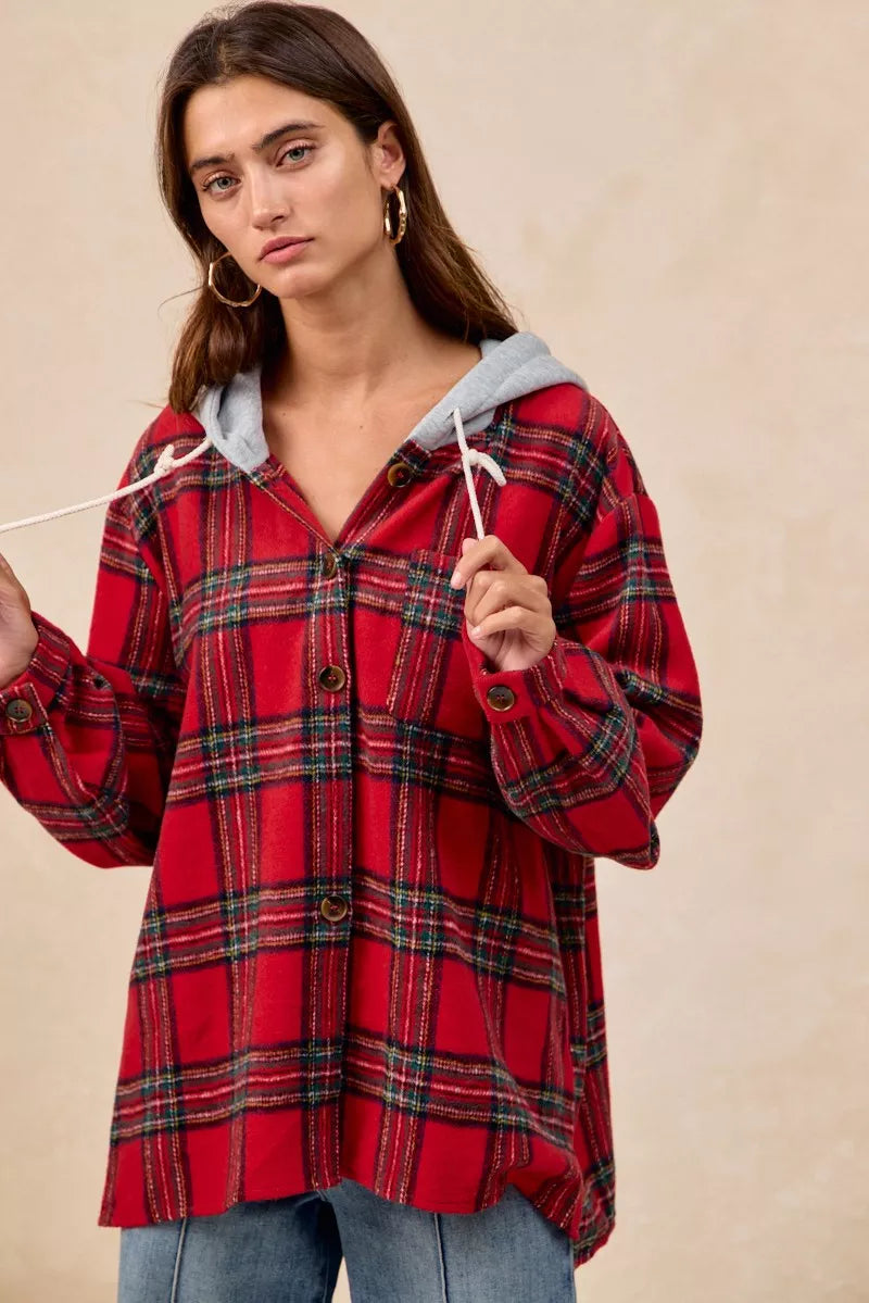 BiBi Brushed Plaid Hooded Jacket