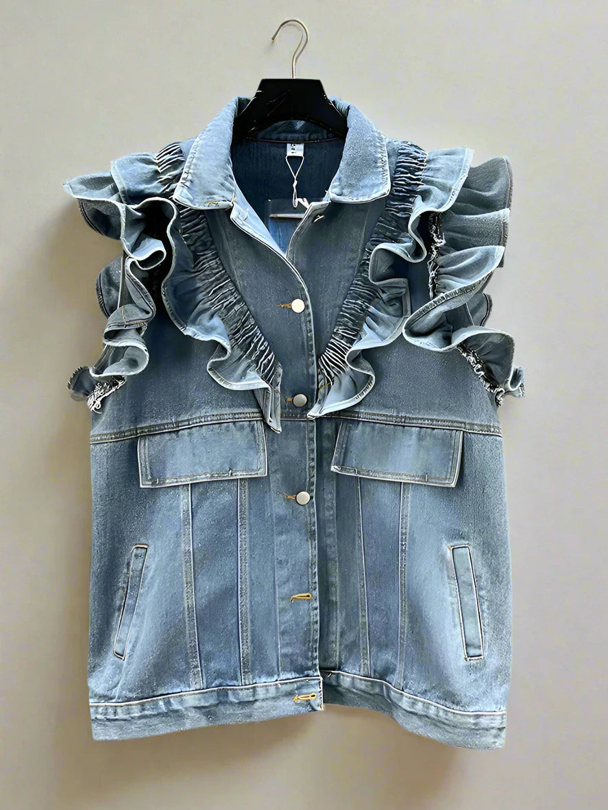 Streetwear Ruffle Spliced Denim Vest