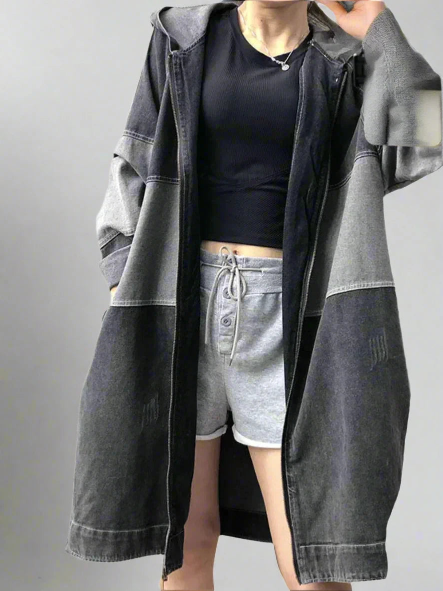 Loose Hooded Denim Trench Coat